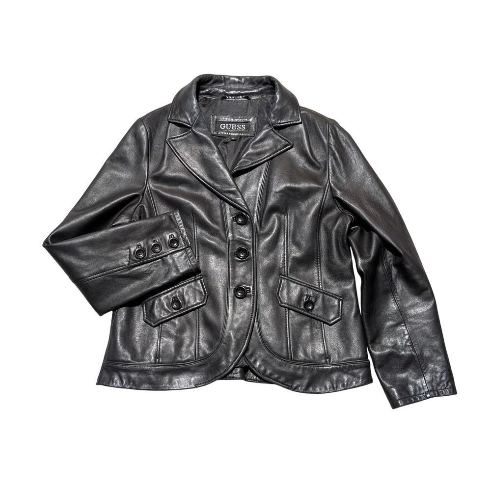 Guess Leather Jacket Women XL Black Blazer Button Front Genuine Leather Coat
